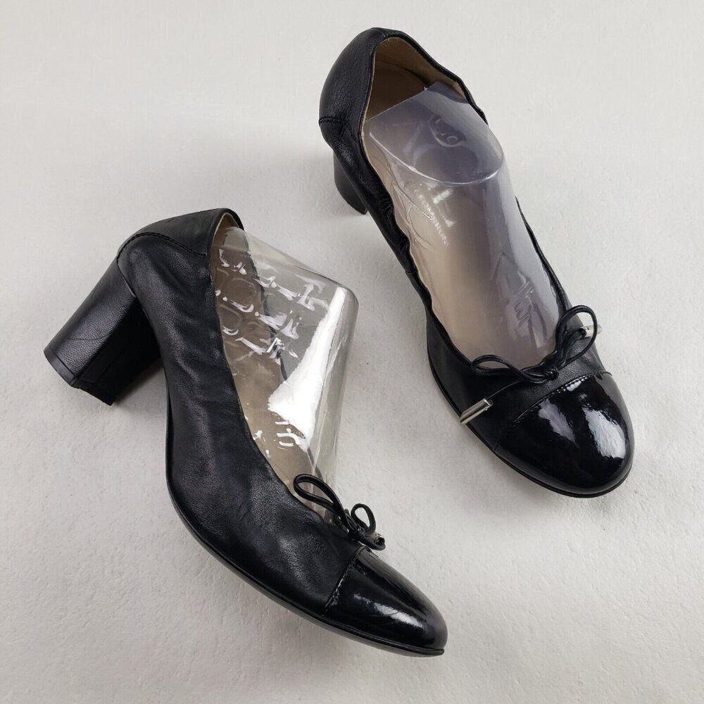 AGL Black Leather Bow Pump Womens 9 EU 39 Slip On Block Heel Made in Italy